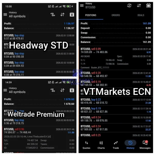 BUSTER BTC Single Entry EA MT5 V1.23 - BTCUSD | 251% Live Growth | Unlimited BUSTER BTC EA MT5 BTCUSD trade history on Headway STD and Weltrade Premium