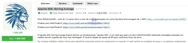 Apache MHL Moving Average EA MT4 V1.9 - MYFXBook 9312% Gain | Unlimited Apache MHL product page showing version, update date, and price