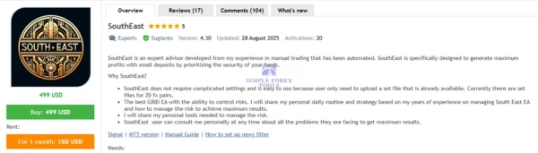 EA SouthEast MT4 MQL5 product overview with reviews and version details