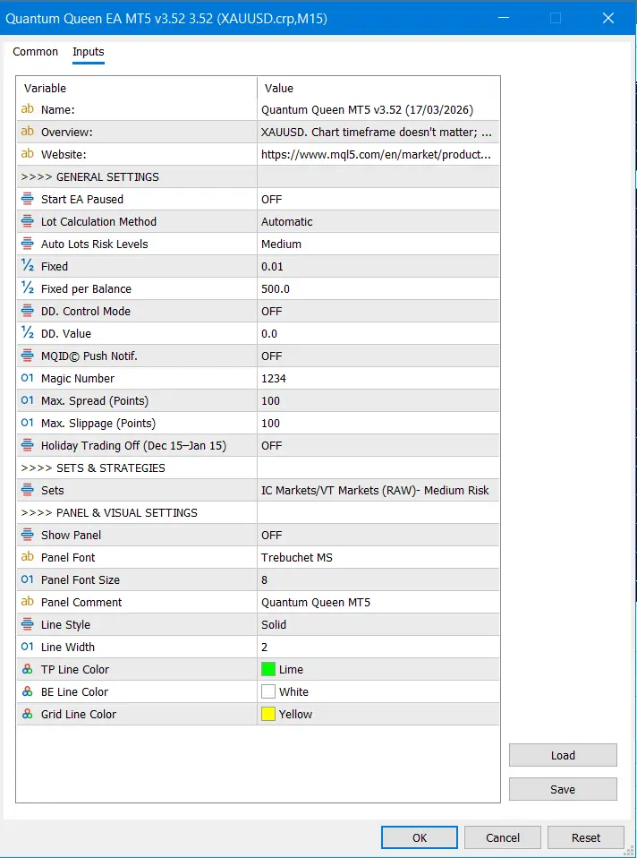 Quantum Queen EA MT5 Settings Review & Analyze 2026 Quantum Queen EA MT5 settings review - Quantum Queen EA MT5 Setting Panel 2026