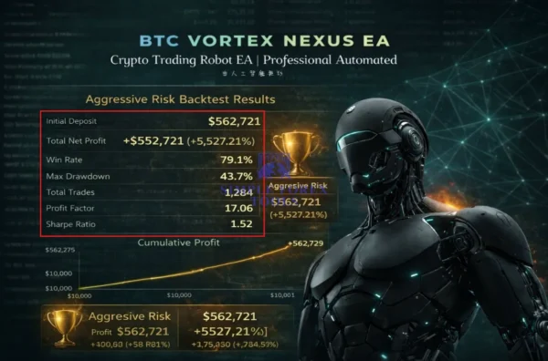 BTC Vortex Nexus EA MT5 - Myfxbook Verified 67% Gain | BTC Trading BTC Vortex Nexus EA MT5 Backtest Result Aggressive Risk
